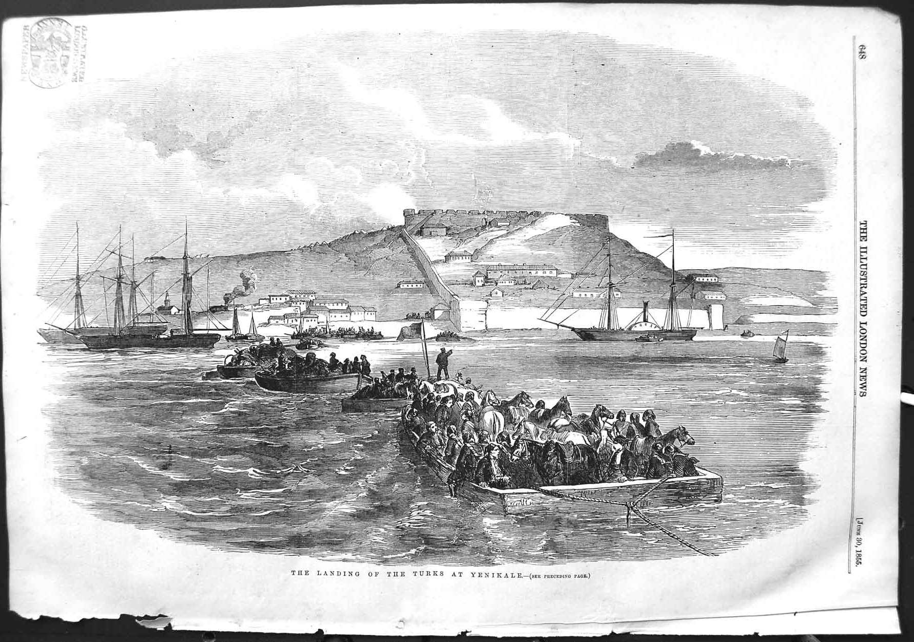 Original Old Antique Print 1855 Scene Landing Turks Yenikale Siers Horses Boats