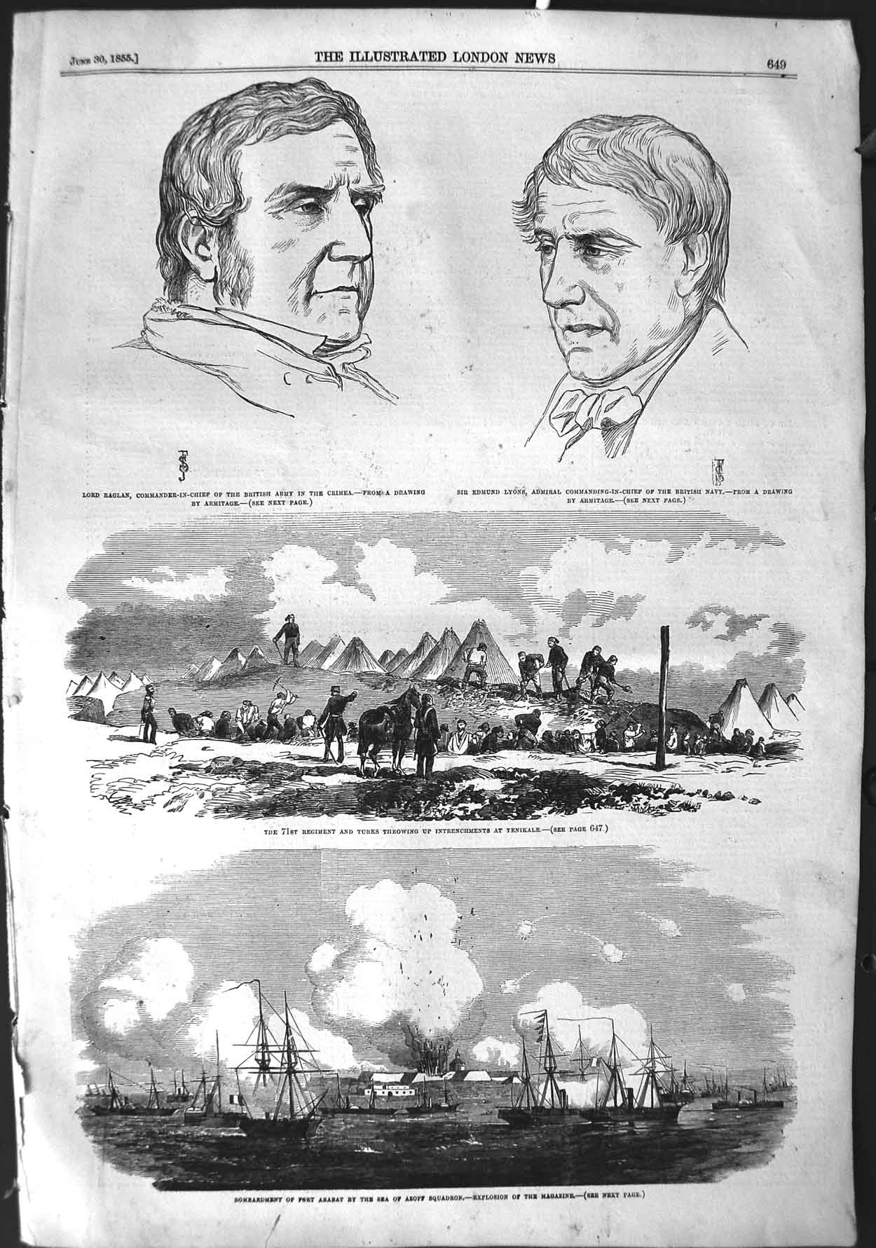 Old Antique Print 1855 Ships War Fort Arabat Azoff Yenikale Raglan Lyons 19th