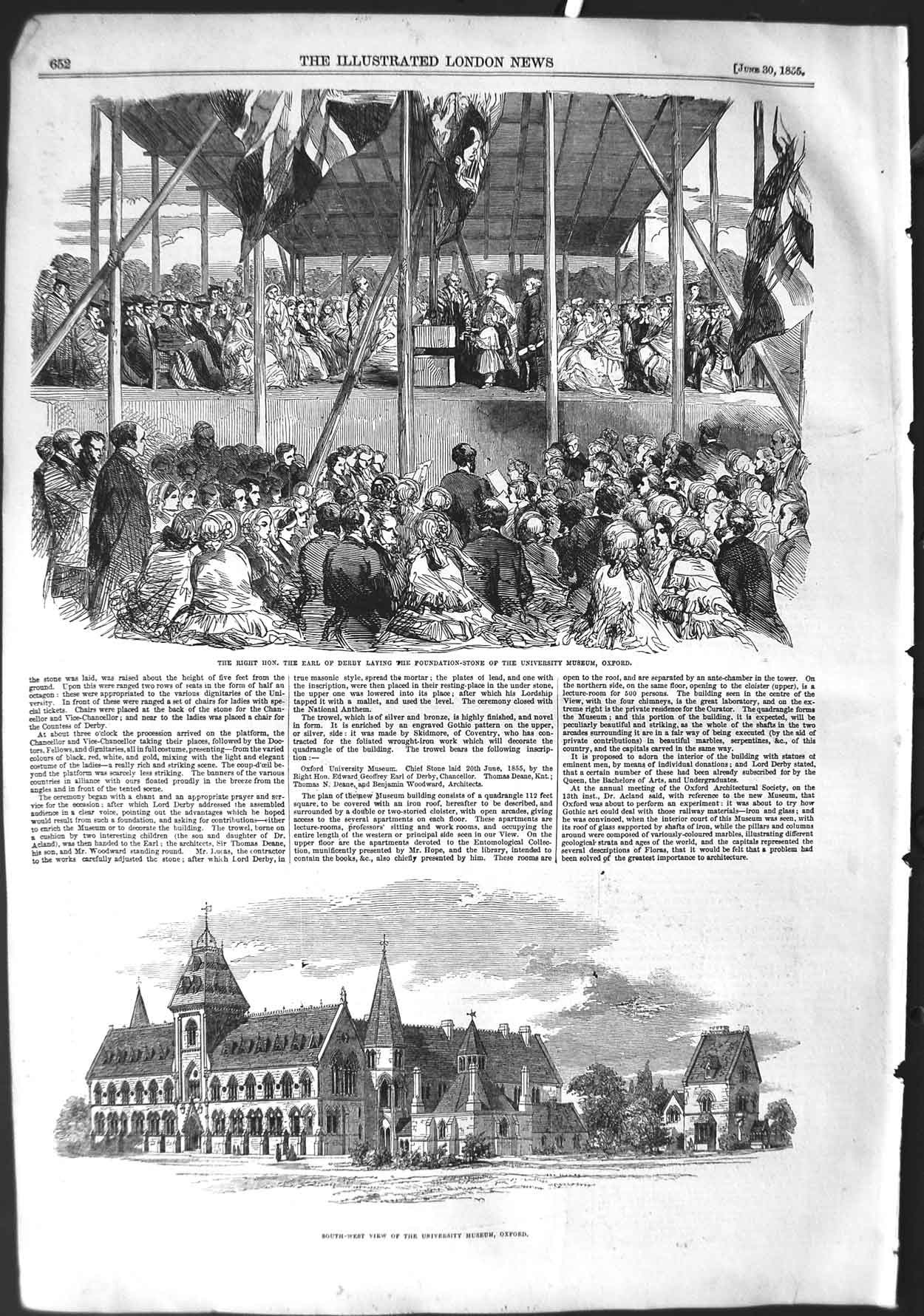 Original Old Antique Print 1855 Earl Derby University Museum Oxford Foundation