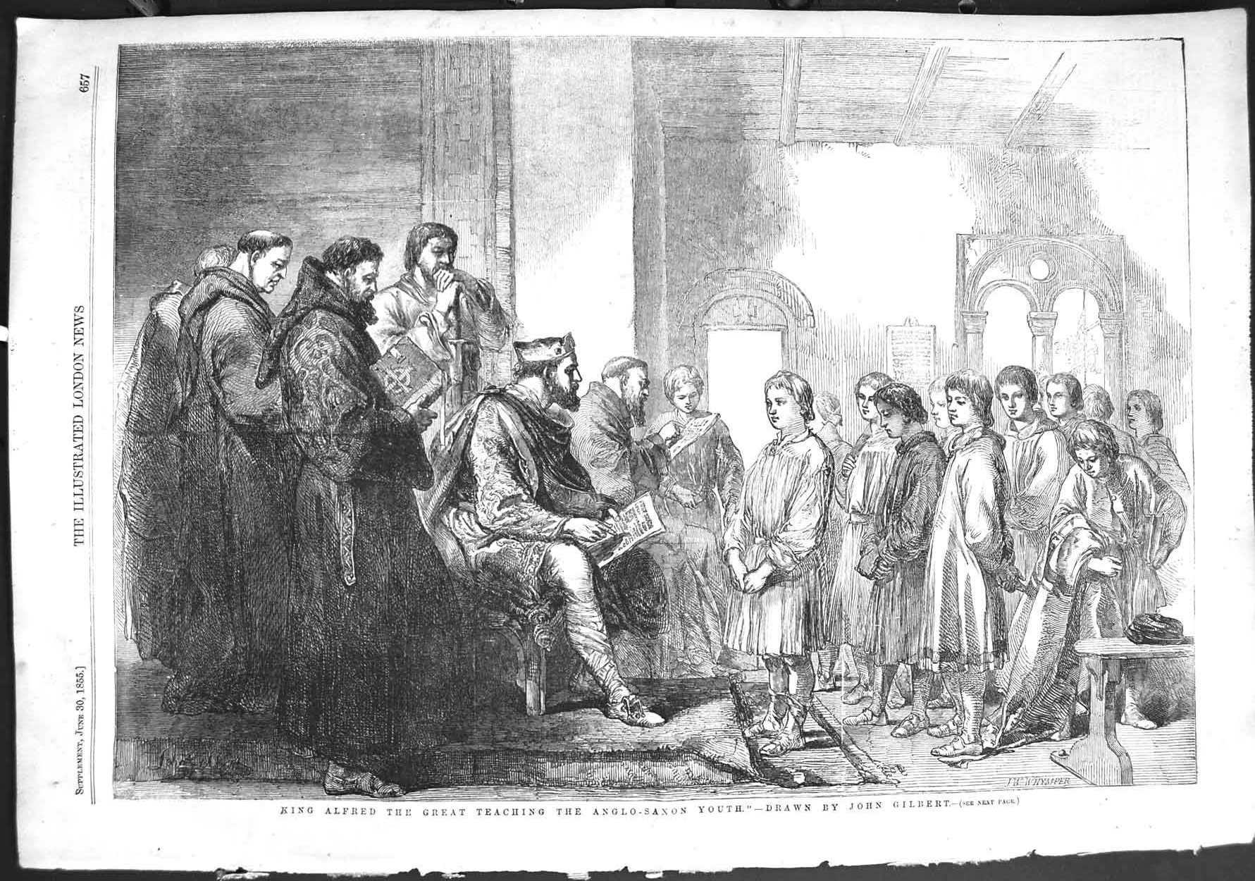 Original Old Antique Print 1855 King Alfred Great Teaching Anglo-Saxon Children