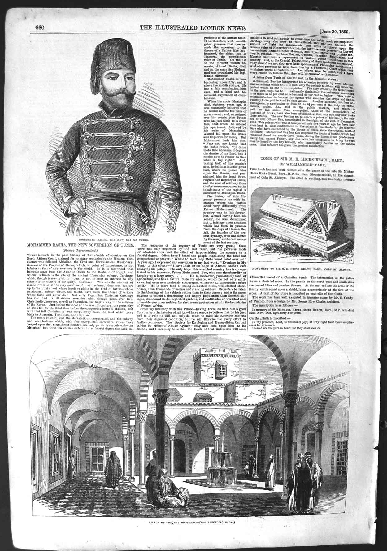 Original Old Antique Print 1855 Mohammed Basha Bey Tunis Palace Monument Hicks