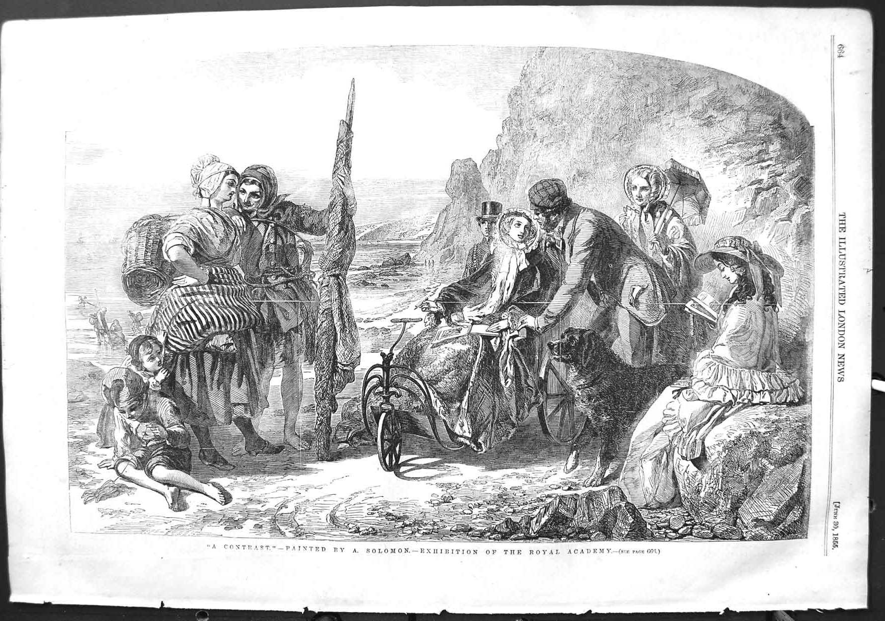 Original Old Antique Print 1855 Solomon Sea Cliffs Family Day Out Scene 19th