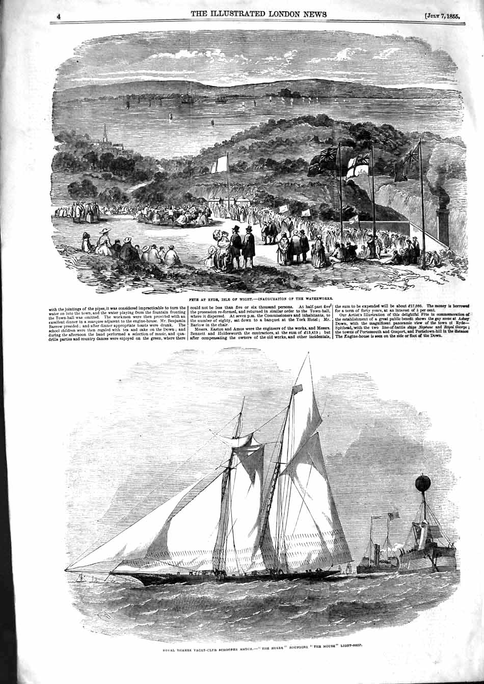 Original Old Antique Print 1855 Fete Ryde Wight Royal Thames Yacht Shark Mouse