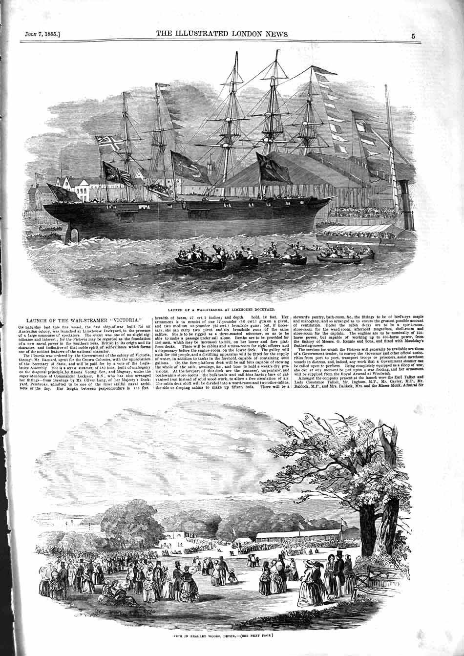Original Old Antique Print 1855 War Steamer Ship Limehouse Fete Bradle Victorian