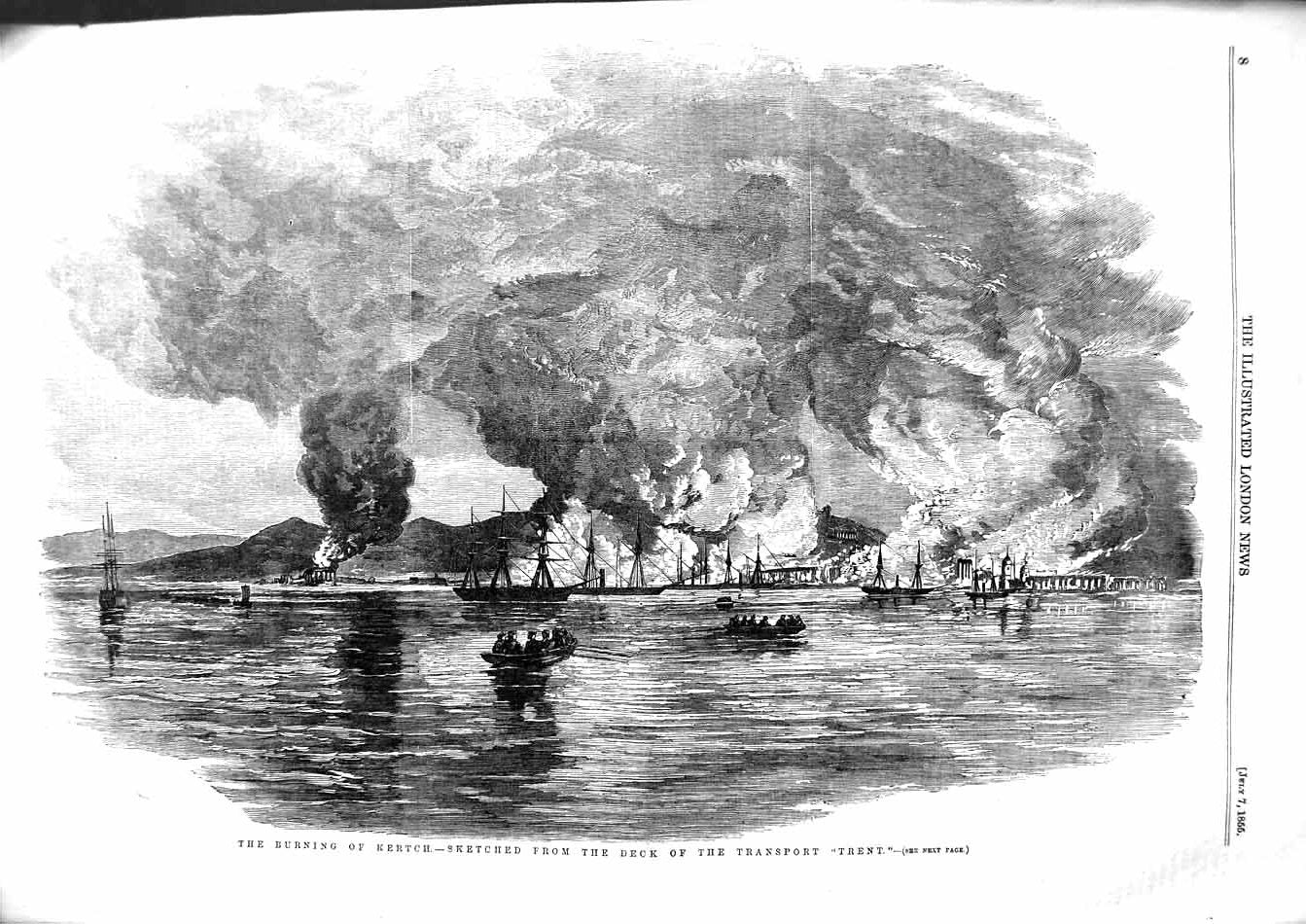 Original Old Antique Print 1855 Burning Kertch War Ship Transport Trent Boats