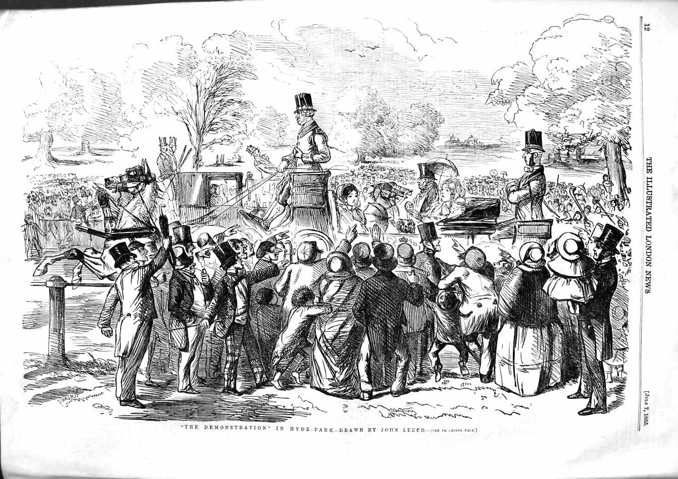 Original Old Antique Print 1855 Demonstration Hyde Park London Horses Coach
