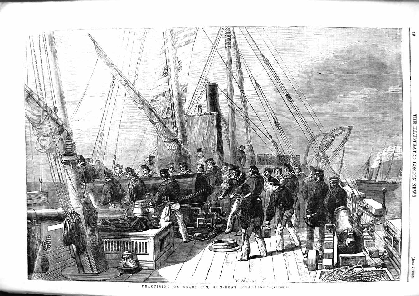 Original Old Antique Print 1855 Practising Board H.M Gun-Boat Ship Starling