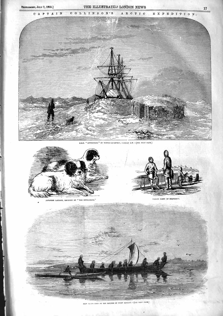 Original Old Antique Print 1855 Collinson Arctic Enterprise Ship Esquimaux 19th