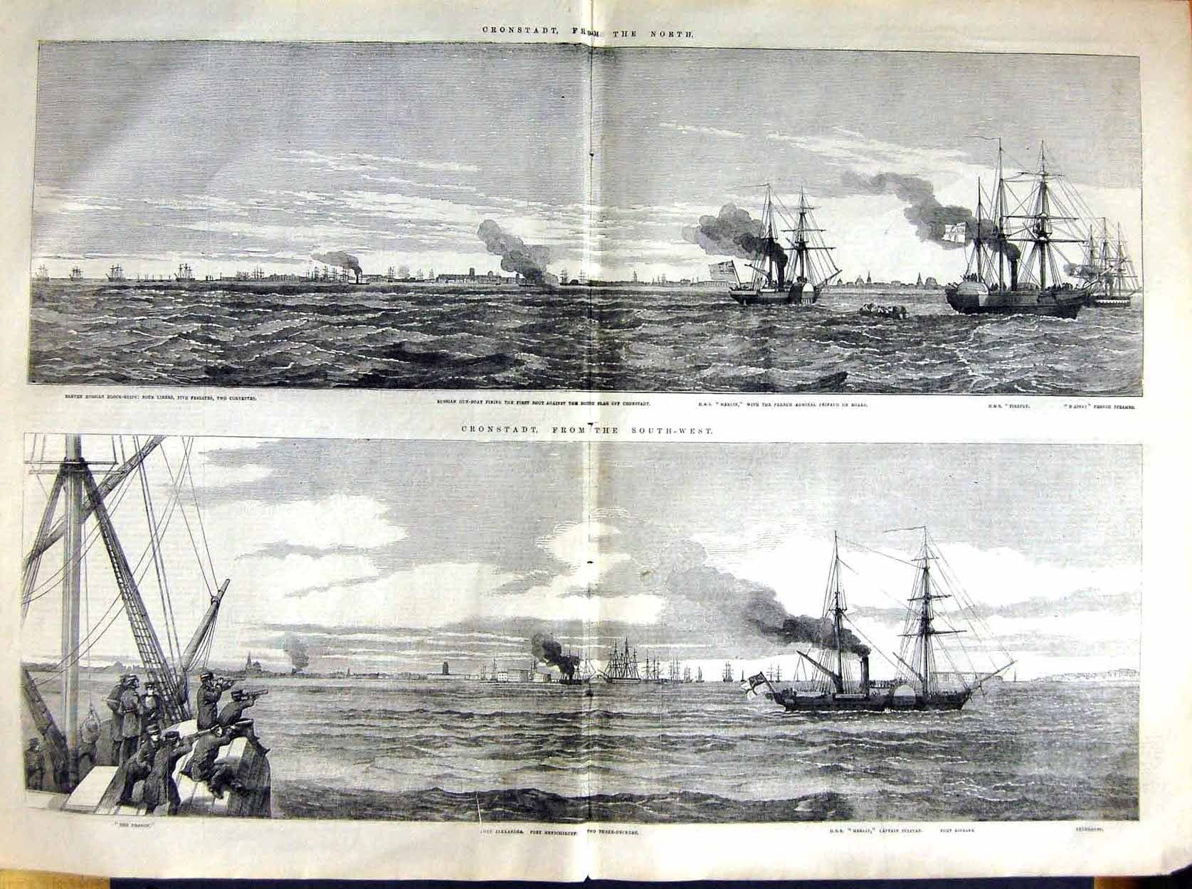 Original Old Antique Print 1855 Cronstadt Alexander Merlin Ship Dragon Risbank 0