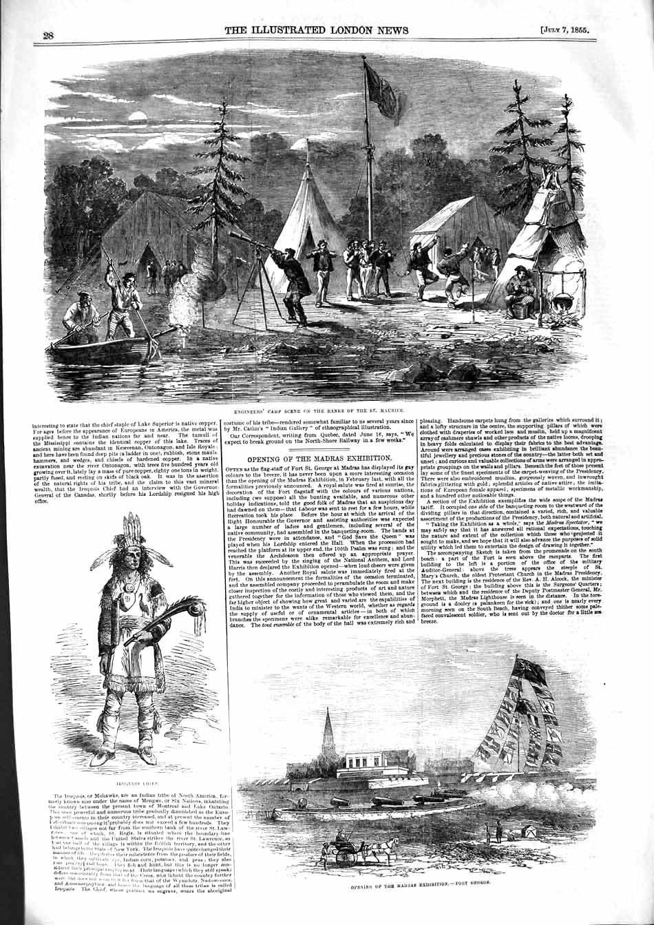 Original Old Antique Print 1855 Madras Exhibition George Camp Maurice Iroquois