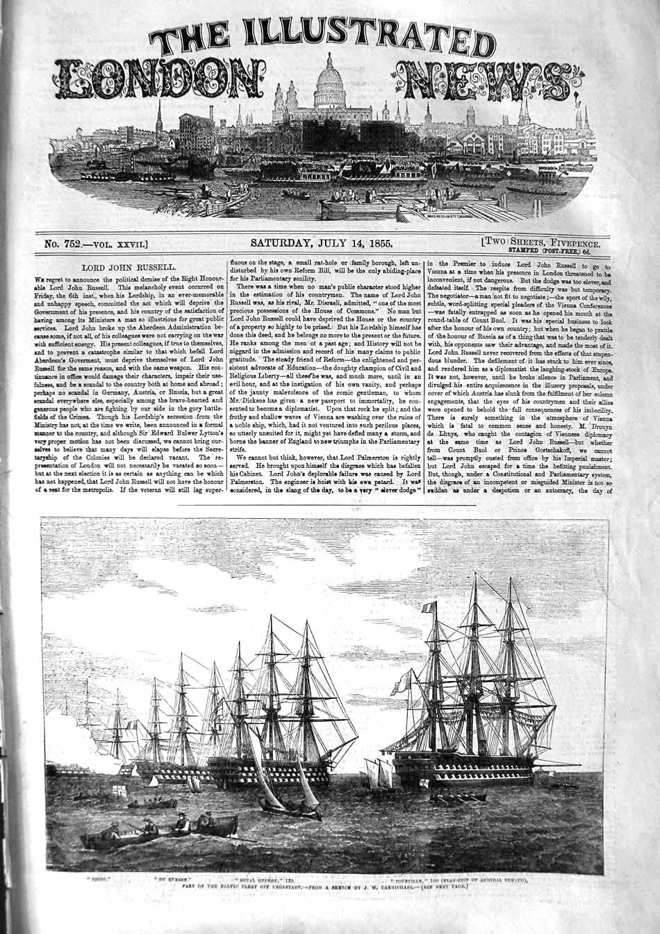 Original Old Antique Print 1855 Baltic Ships Royal George Cronstadt War Orion