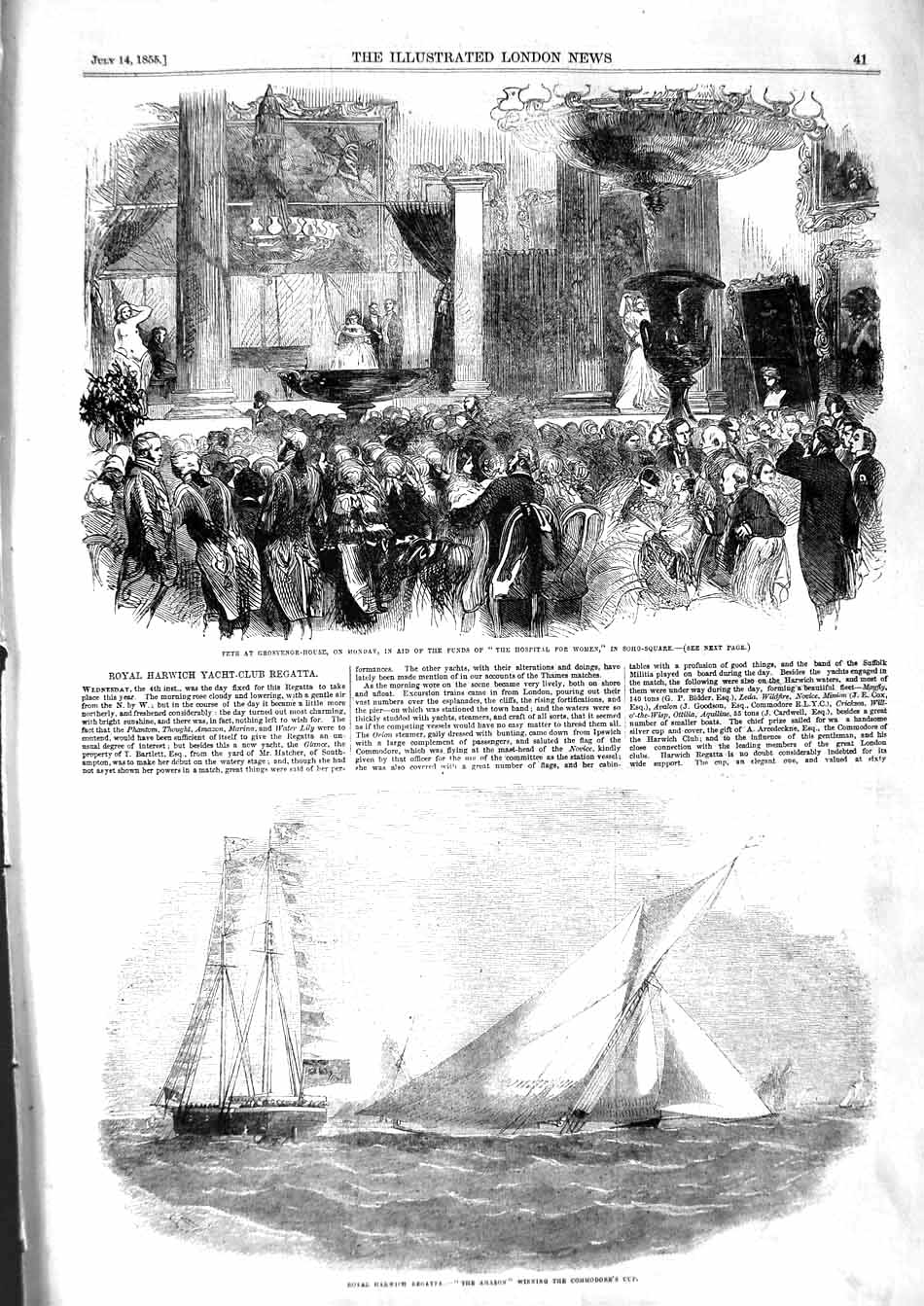 Old Antique Print 1855 Royal Harwich Regatta Amazon Yacht Grosvenor House 19th