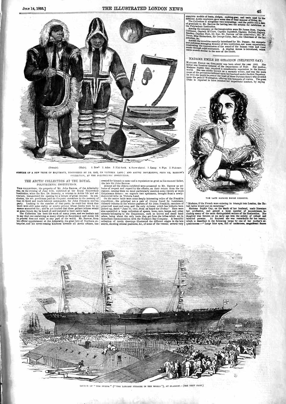 Original Old Antique Print 1855 Persia War Ship Glasgow Girardin Arctic Es 19th