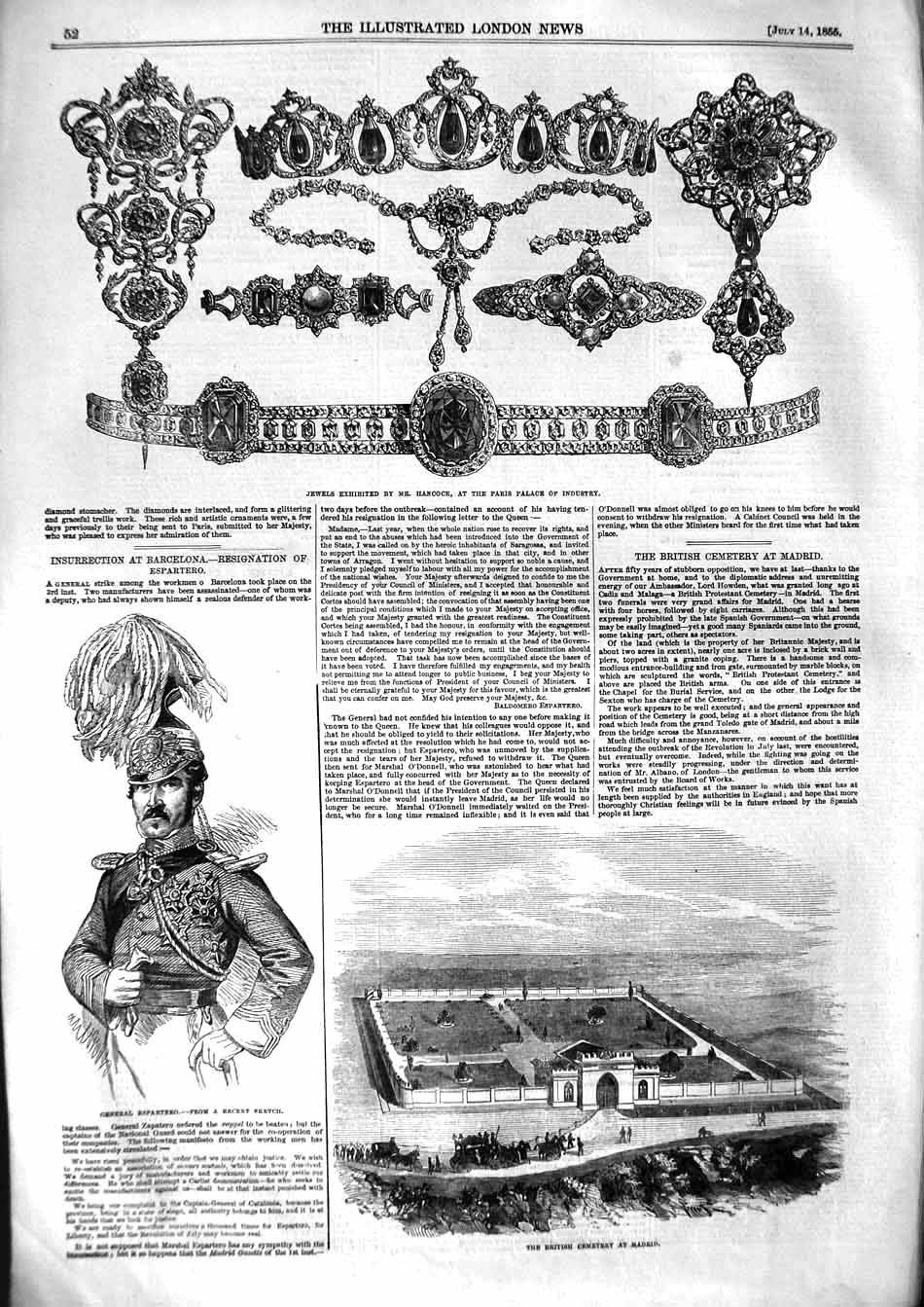Original Old Antique Print 1855 Jewels Paris British Cemetery Madrid Espartero