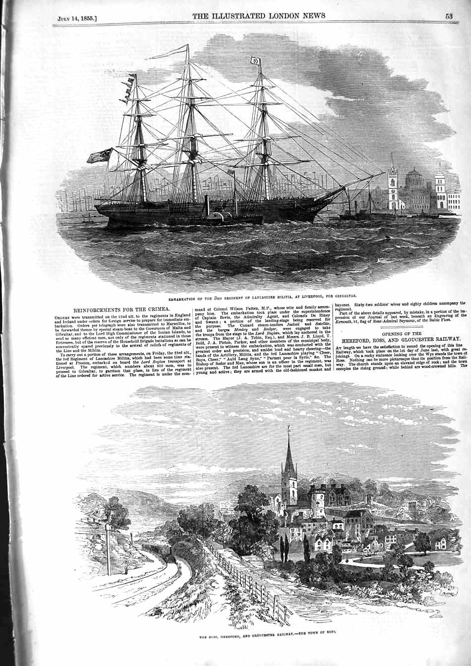 Original Old Antique Print 1855 Ross Hereford Railway Lancashire Ship Liverpool