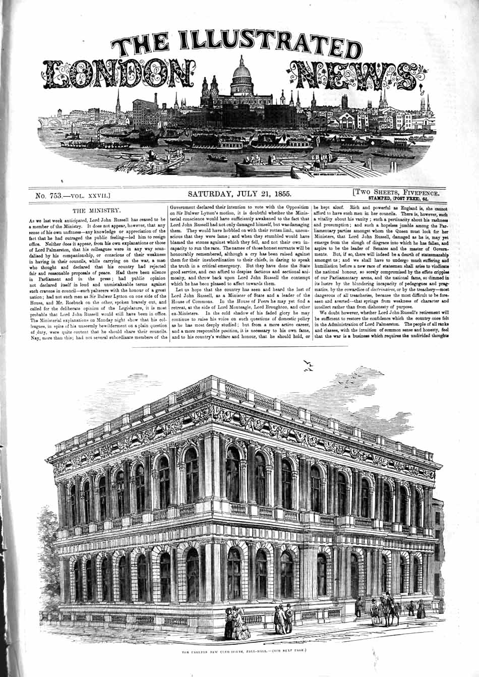 Old Antique Print 1855 Carlton Club-House Pall-Mall London Architecture 19th