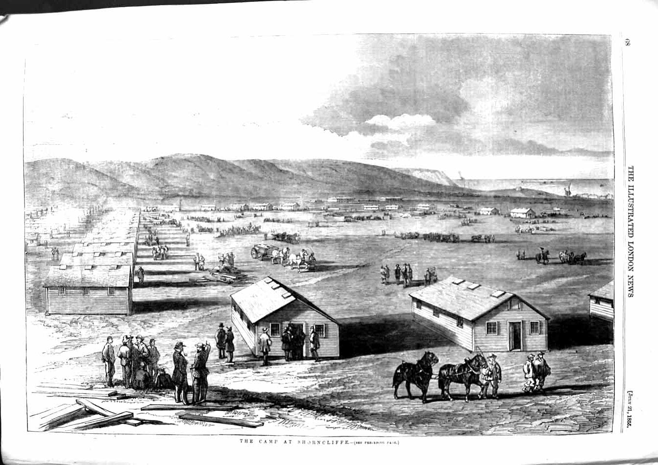 Original Old Antique Print 1855 View Camp Shorncliffe Horses Mountains 19th