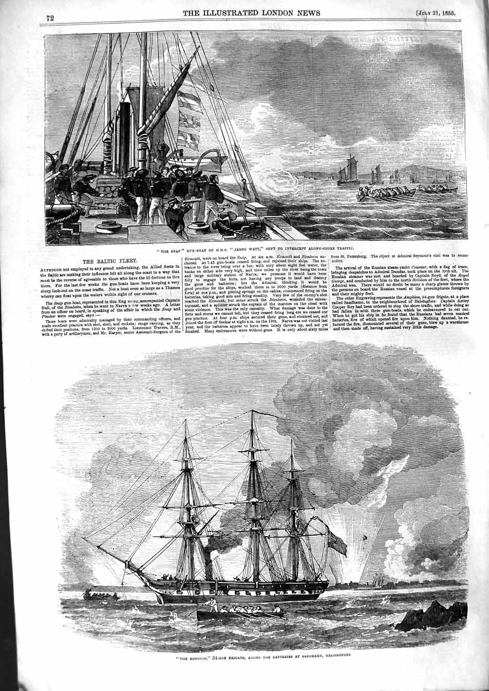 Old Antique Print 1855 Snap Ship James Watt Amphion Sandhamn Helsingfors 19th