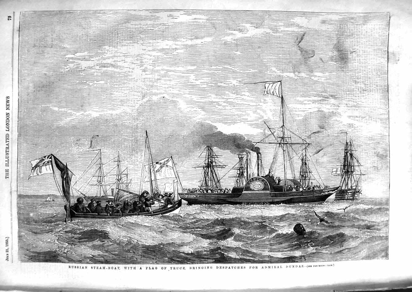Original Old Antique Print 1855 Russian Steam Boat Glag Truce Admiral Dundas