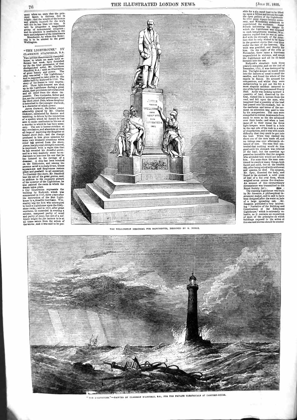 Antique Old Print *3195 1855 Wellington Memorial Manchester Lighthouse Sea