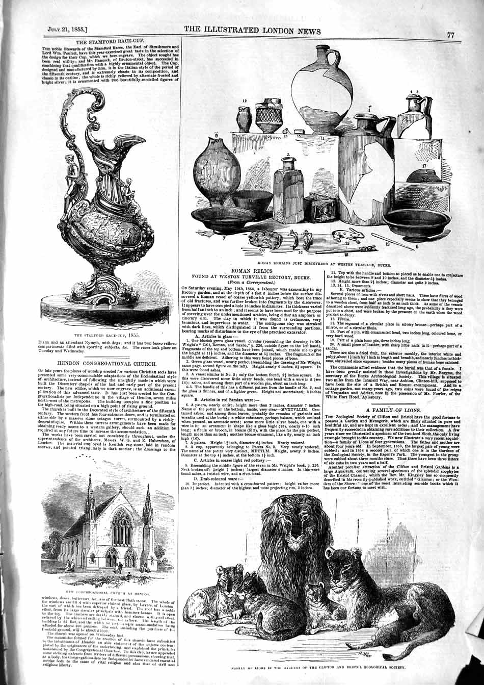 Old Antique Print 1855 Roman Remains Weston Turville Lions Church Hendon 19th