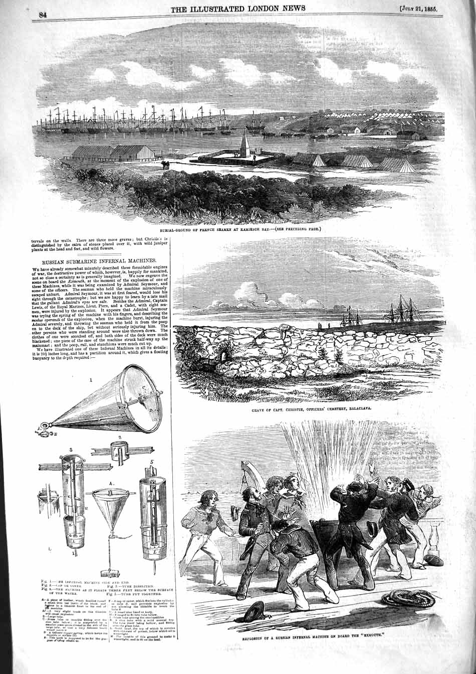 Old Antique Print 1855 Grave Christie Balaclava Kamiesch Bay Exmouth Ship 19th