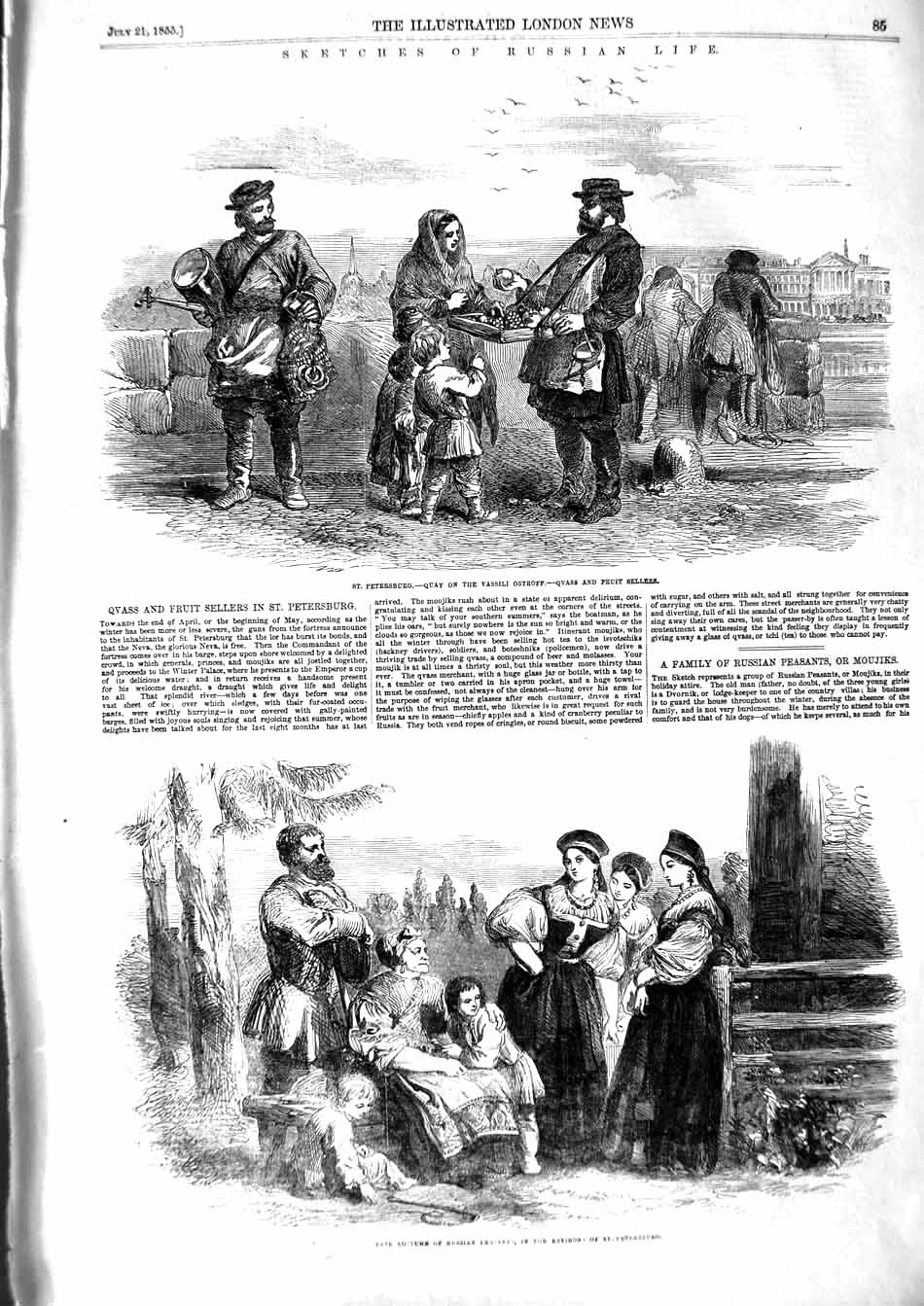 Original Old Antique Print 1855 Qvass Fruit Sellers Petersburg Russian Peasants