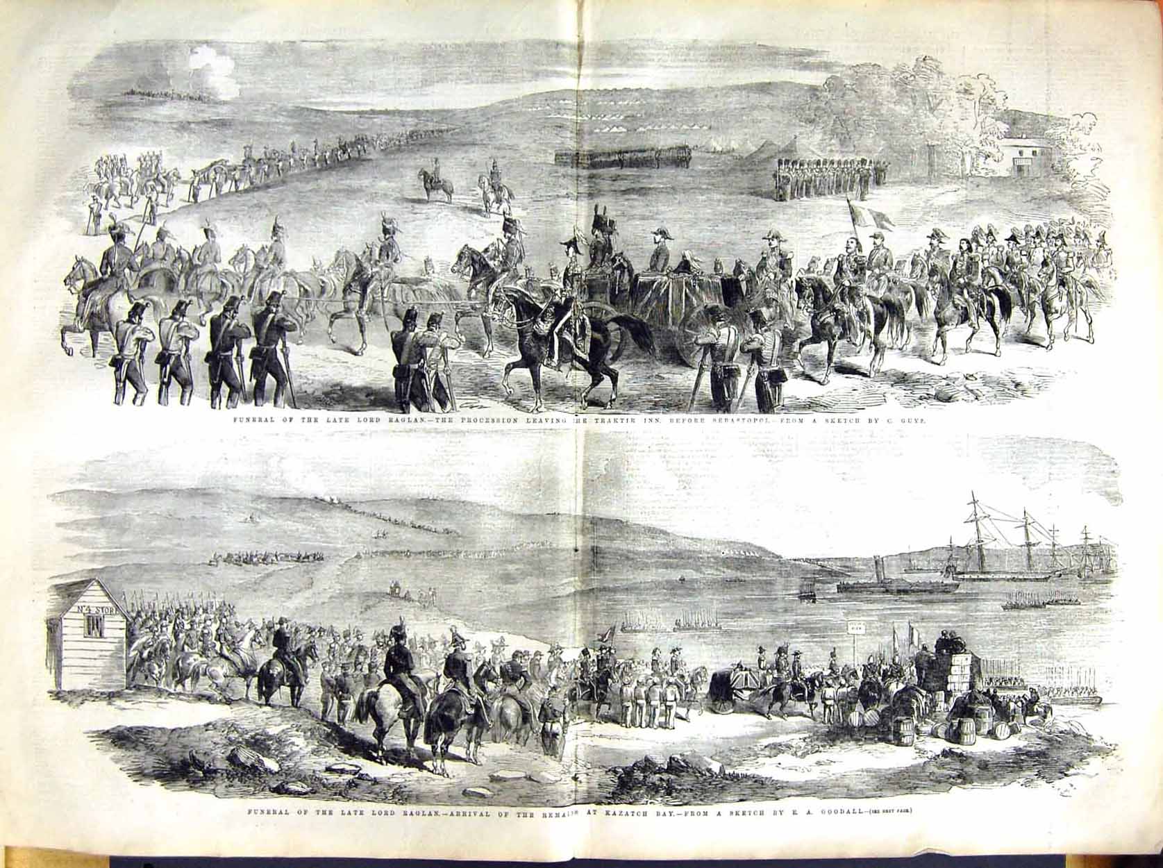 Original Old Antique Print 1855 Funeral Lord Raglan Sebastopol Kazatch Bay War