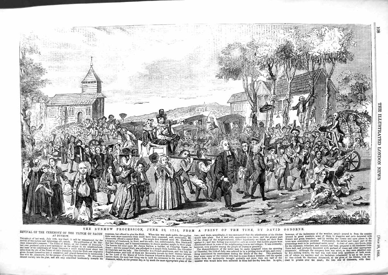 Original Old Antique Print 1855 Dunmow Procession Ceremony Flitch Bacon 19th