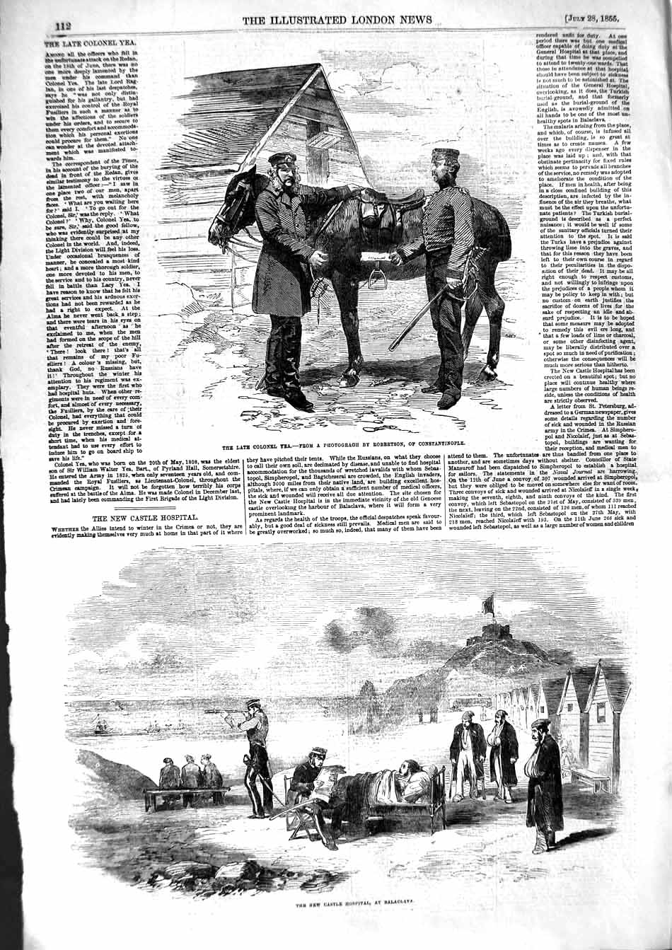 Original Old Antique Print 1855 Horse Colonel Yea Castle Hospital Balaclava War