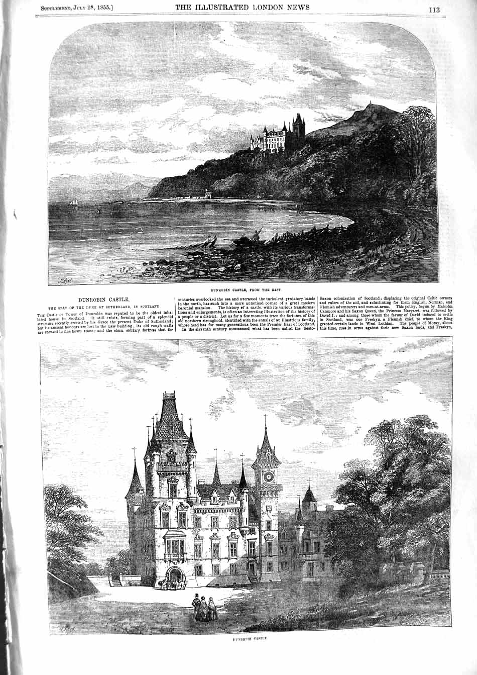 Original Old Antique Print 1855 View Dunrobin Castle Duke Sutherland Scotland