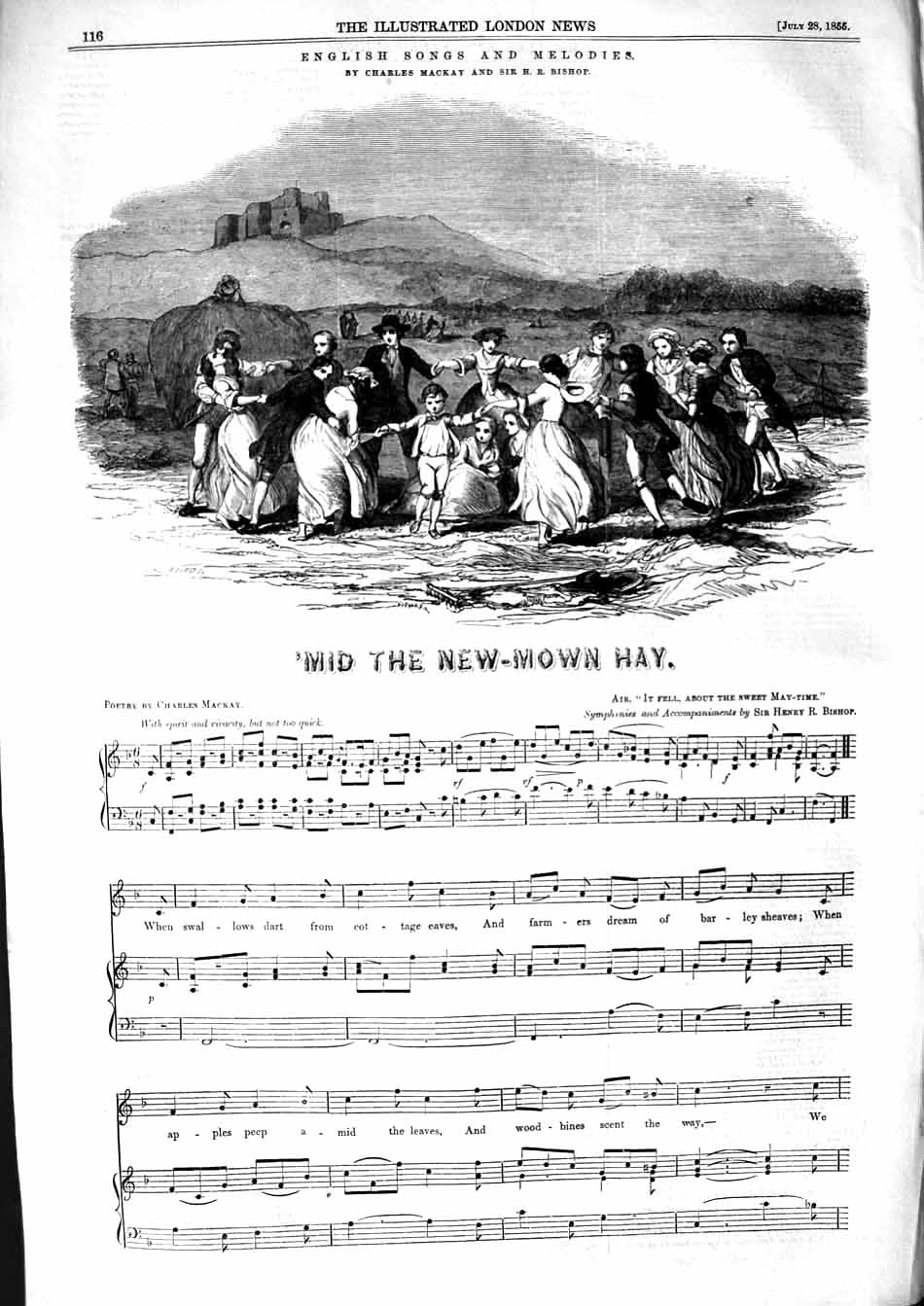 Original Old Antique Print 1855 Sheet Music Mid The New-Mown Hay Mackay Bishop