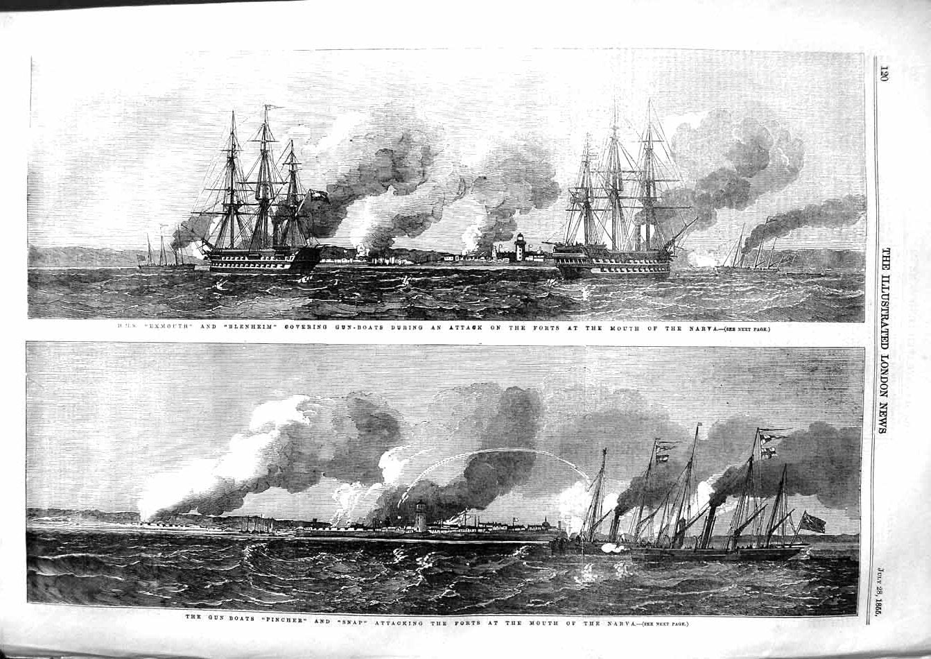 Old Antique Print 1855 Exmouth Blenheim War Ships Fort Narva Pincher Snap 19th