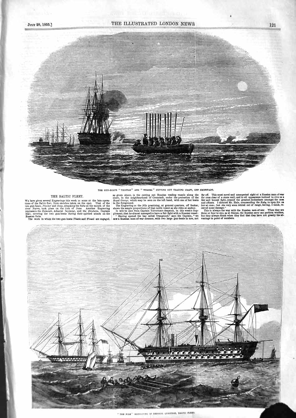 Original Old Antique Print 1855 Baltic War Ships Thistle Weasel Nile Cronstadt