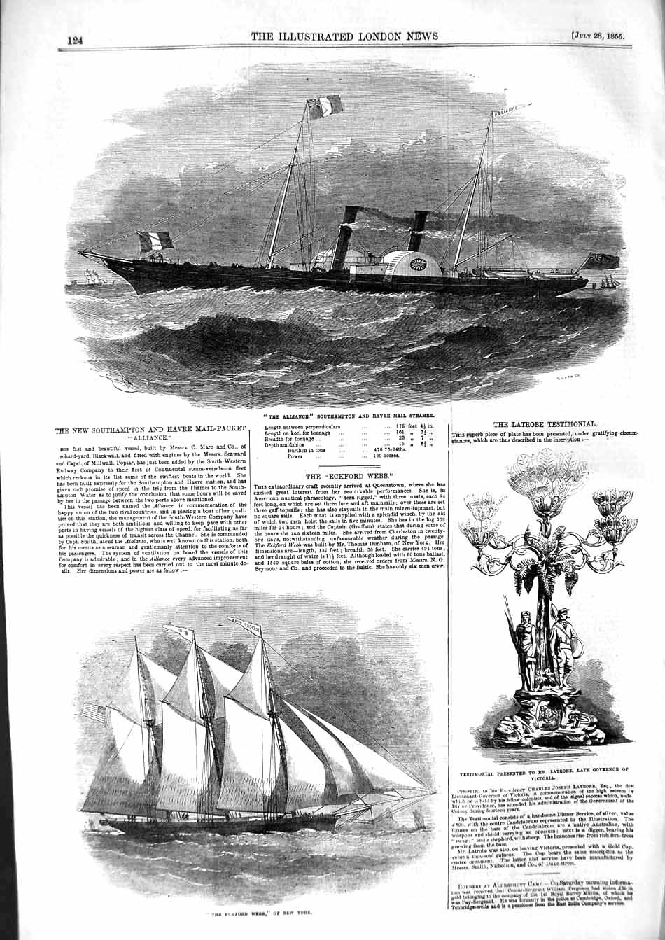 Old Antique Print 1855 Alliance Southamton Mail Steamer Eckford Webb Ship 19th