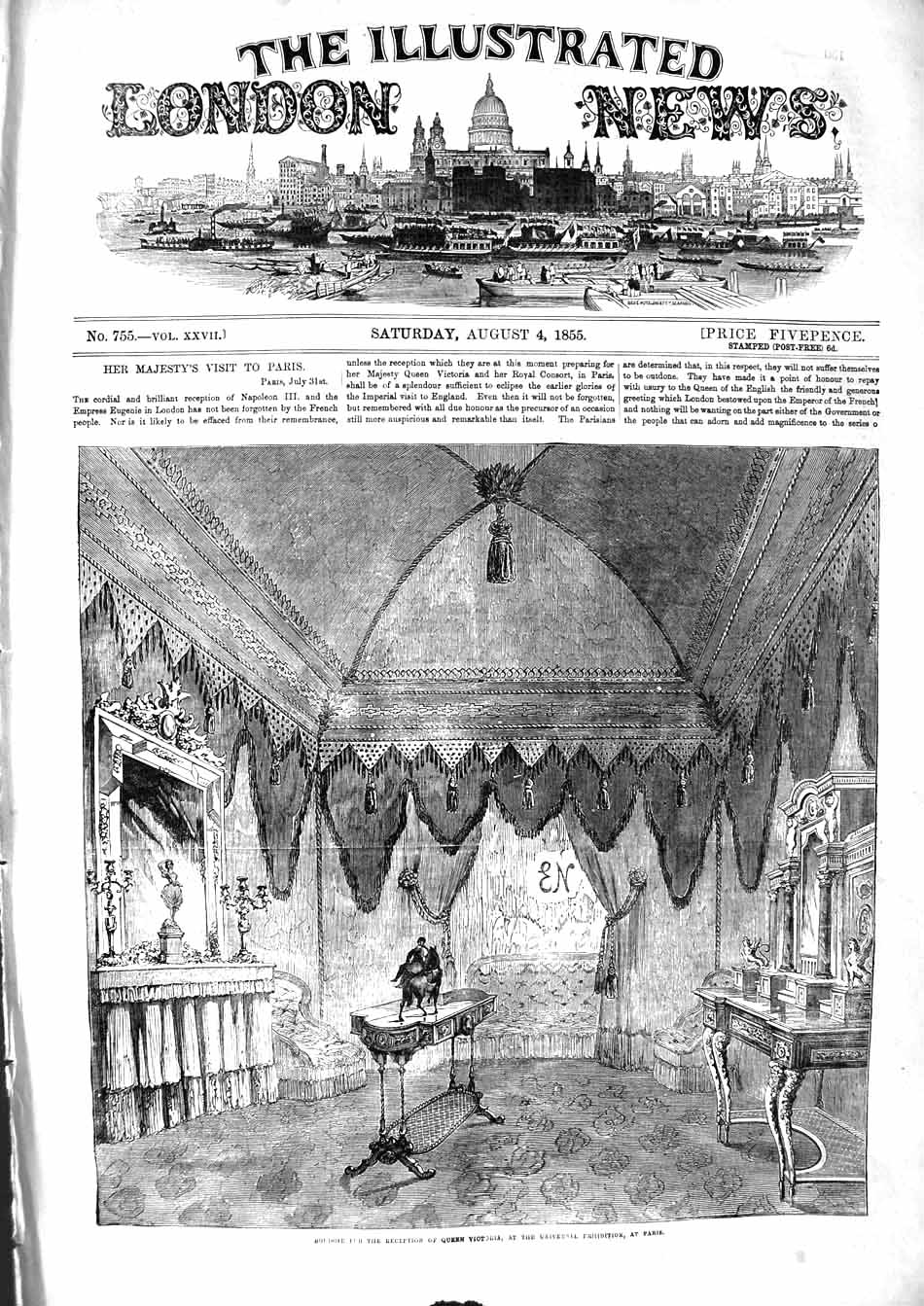 Old Antique Print 1855 Boudoir Reception Queen Victoria Exhibition Paris 19th