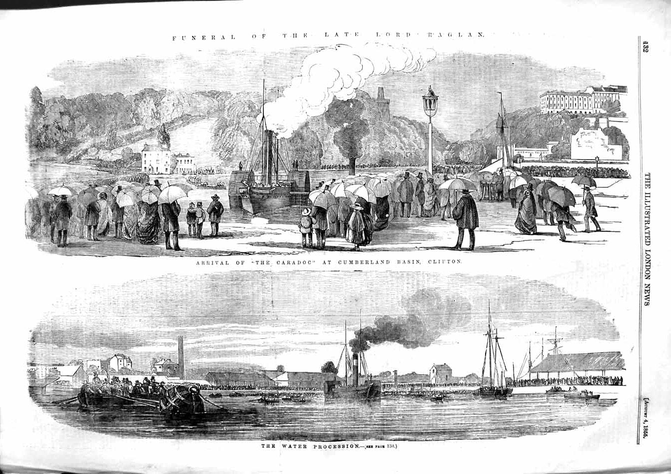 Original Old Antique Print 1855 Funeral Lord Raglan Caradoc Cumberland Clifton