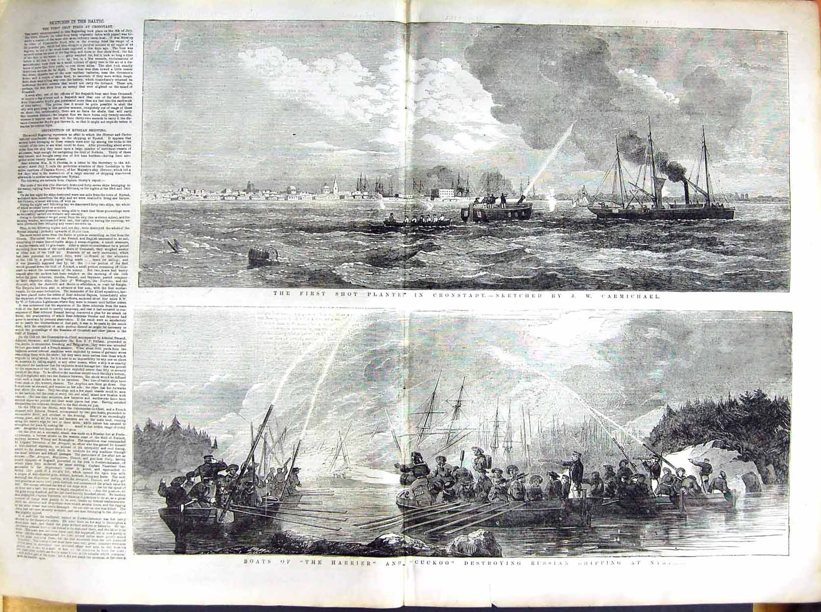 Old Antique Print 1855 War Cronstadt Boats Ship Harrier Cuckoo Russian 19th