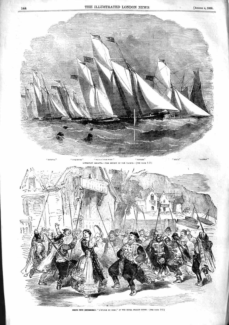 Old Antique Print 1855 Lowestoft Regatta Yacht Titania Maud Italian Opera 19th