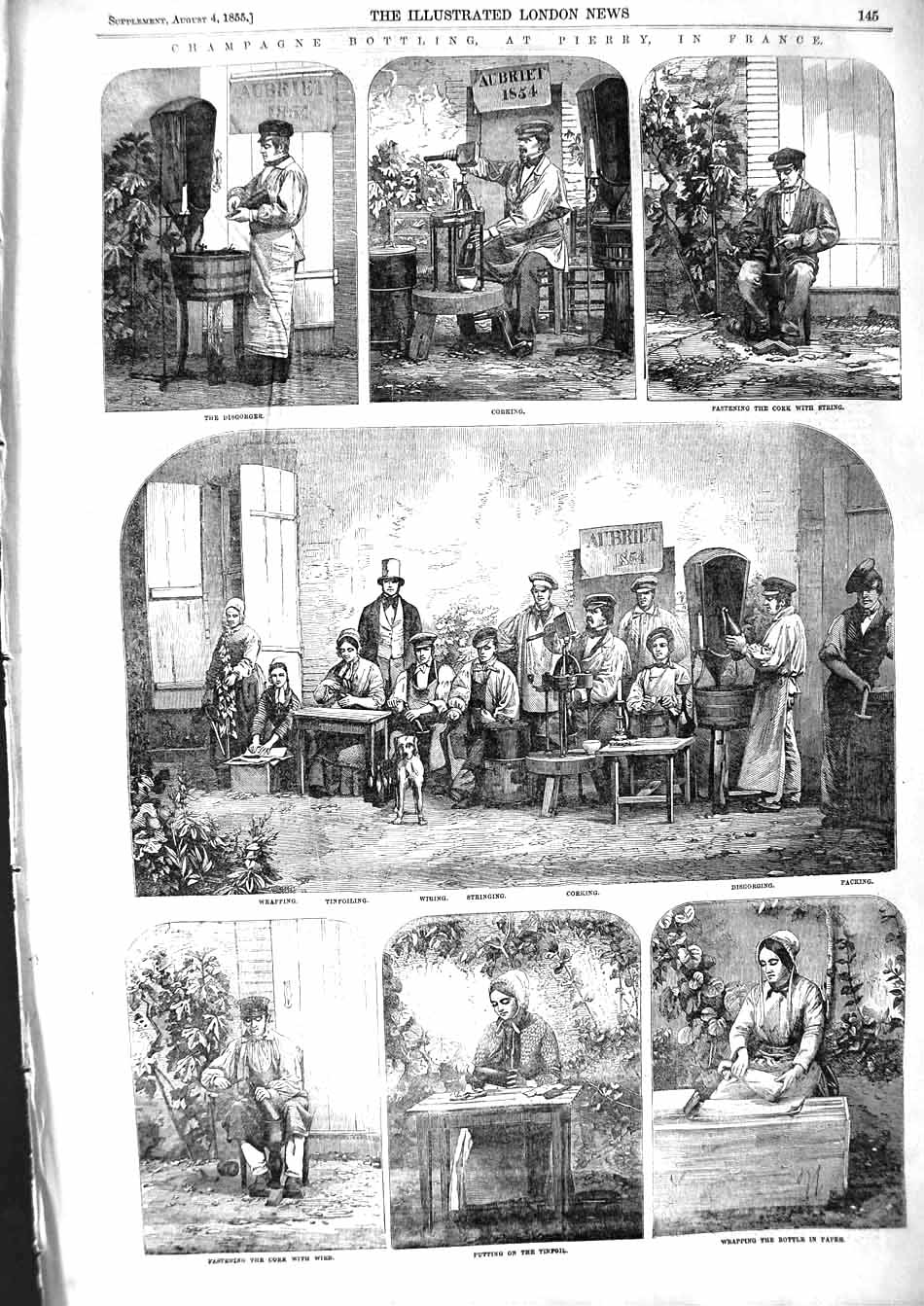 Original Old Antique Print 1855 Champagne Bottling Pierry France Wrapping 19th