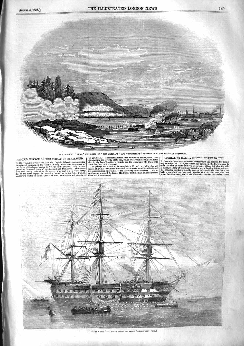 Original Old Antique Print 1855 Arrogant Magicienne Caesar Ship War Stralsund