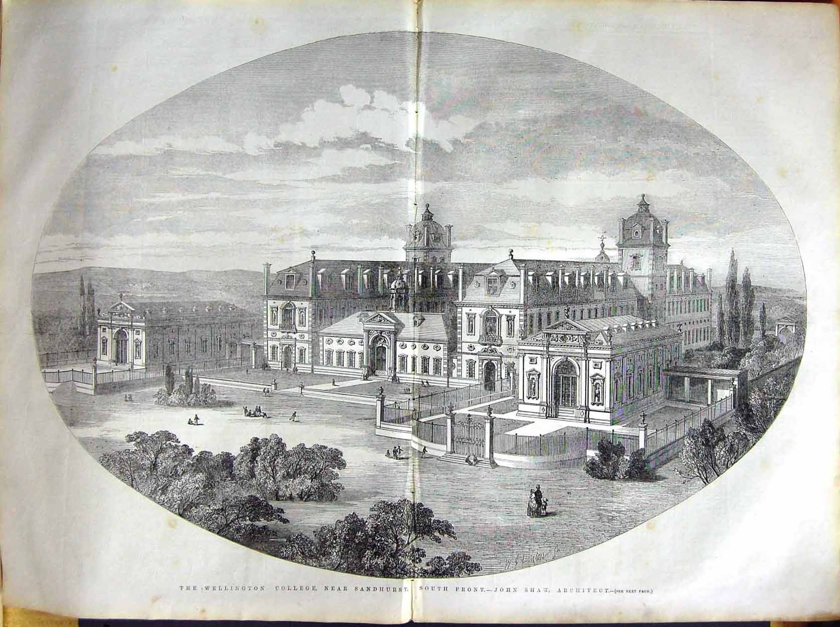 Original Old Antique Print 1855 View Wellington College Sandhurst Archi 19th
