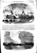 Original Old Antique Print 1855 Boats Reconnoitring Wyborg Fire Cronstadt 19th
