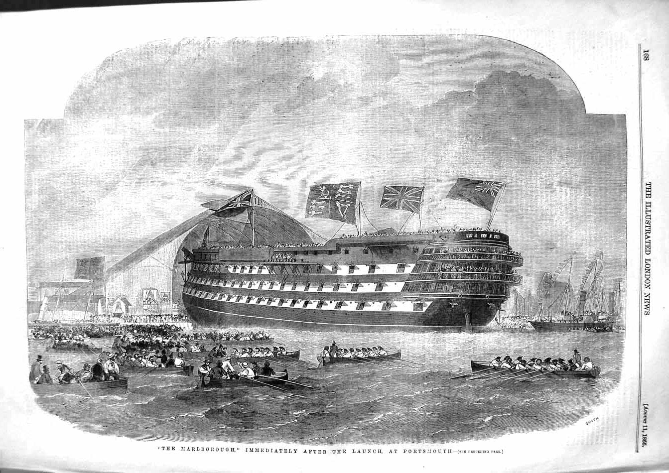 Original Old Antique Print 1855 Marlborough War Ship Launch Portsmouth England