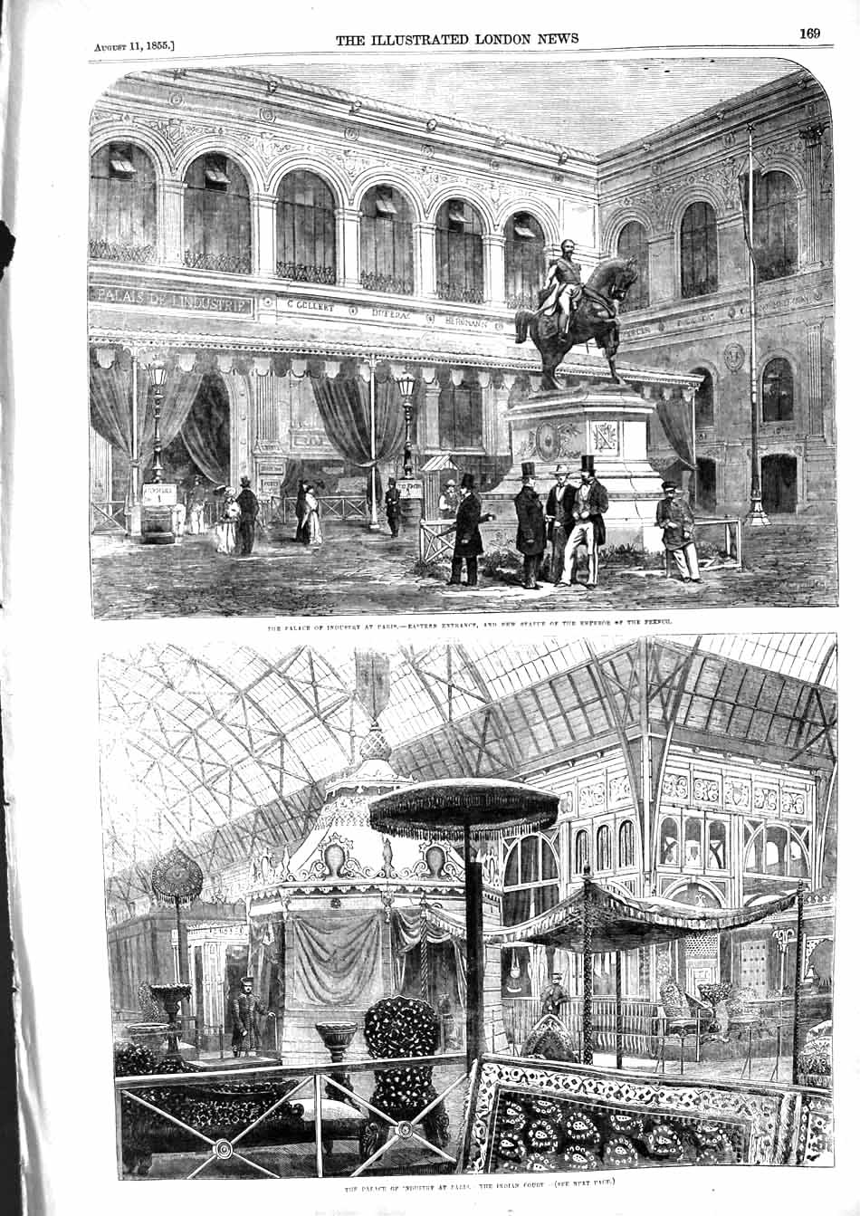 Old Antique Print 1855 Palace Industry Paris Indian Court Statue Emperor 19th