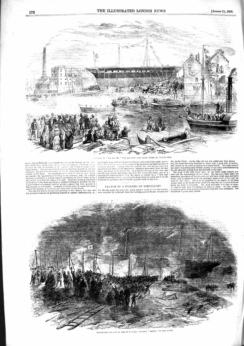 Original Old Antique Print 1855 Launch La Hogue Ship Sunderland Azoff Rive 19th