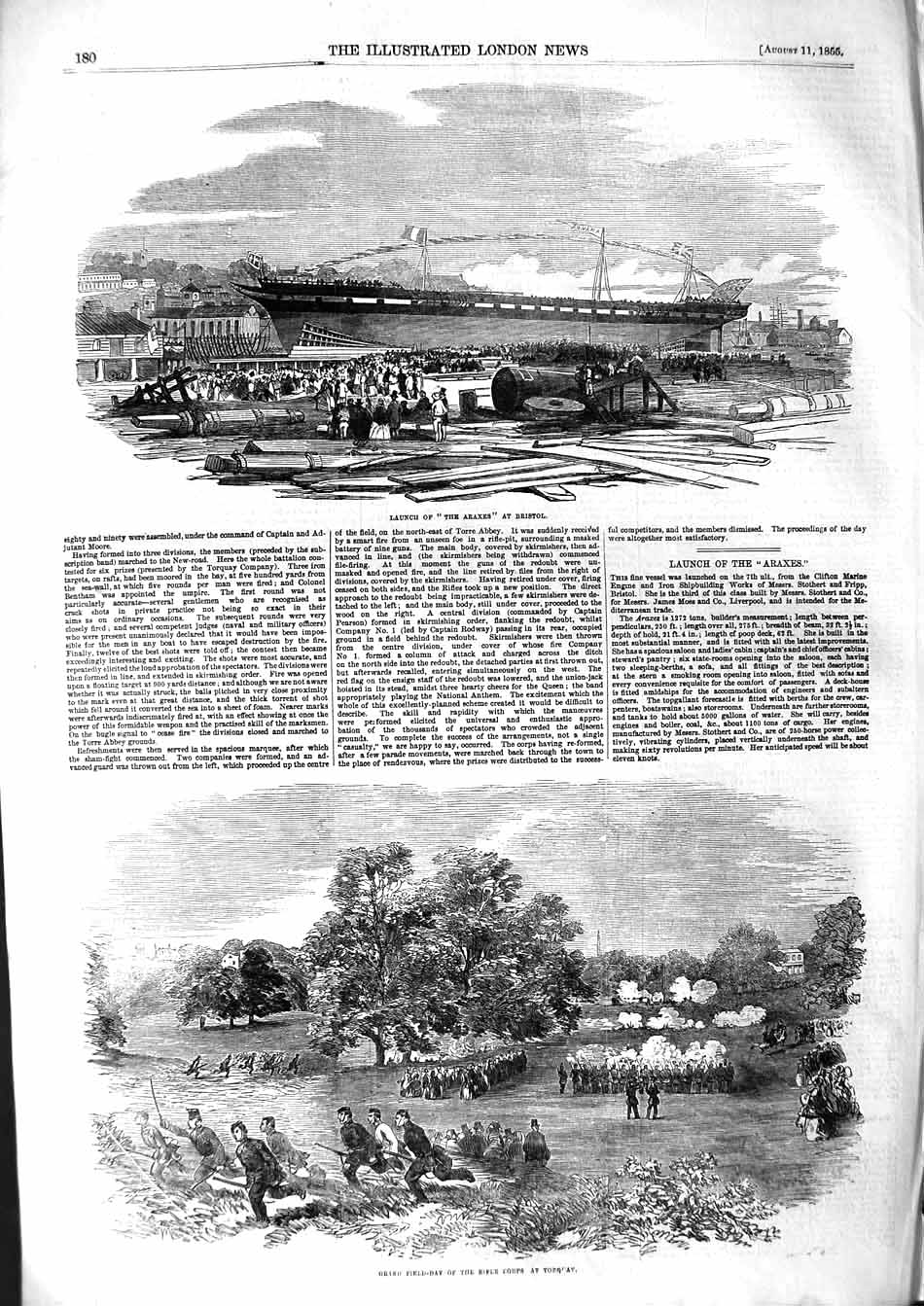 Old Antique Print 1855 Launch Ship Araxes Bristol Field-Day Rifle Torquay 19th