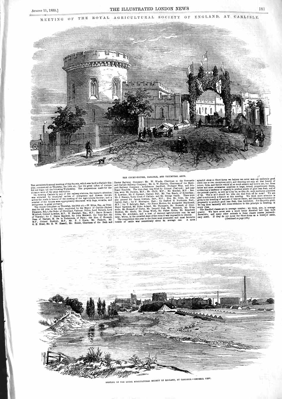 Old Antique Print 1855 Court Houses Carlisle Triumphal Arch Agricultural 19th