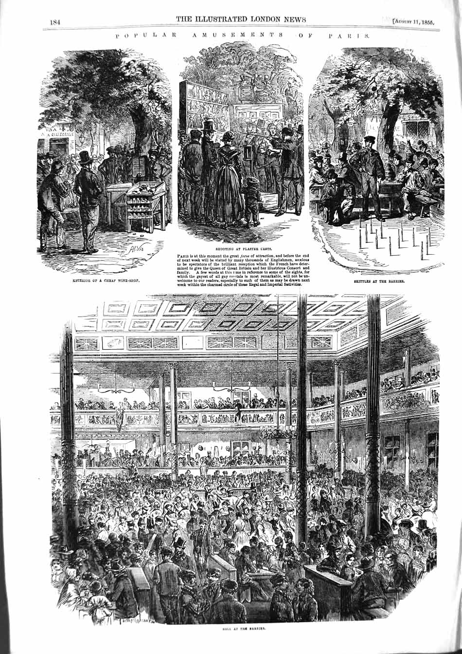 Old Antique Print 1855 Paris Ball Barrier Bowling Alley Chateau Asnieres 19th