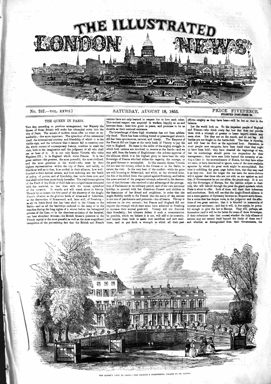 Original Old Antique Print 1855 Queen Apartments Palace St. Cloud Paris France